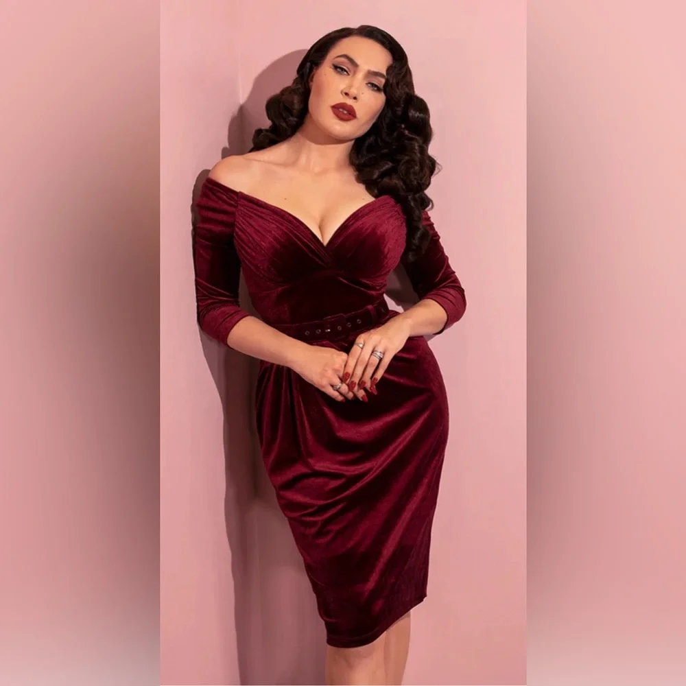 Vixen by Micheline Pitt Burgundy Velvet Off-Shoulder Sheath Dress - Picture 1 of 3